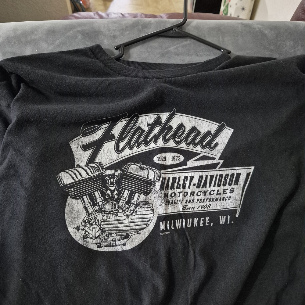 Harley-Davidson Black Tee with White 'Flathead' Engine Graphic